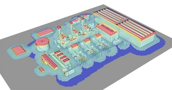 3D rolling sphere mesh highlighting lightning-vulnerable areas at a power generation facility.