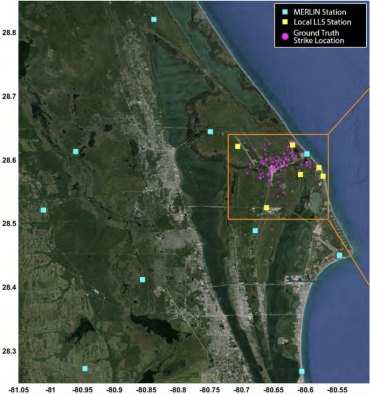 MERLIN (cyan) and local LLS (yellow) sensor locations in addition to the ground truth strike points (magenta) of the 321 cloud-to-ground return strokes.