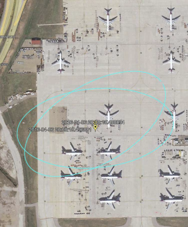 Reported NLDN lightning strike locations for two strokes on April 6, 2016 within an airplane staging area at the Memphis FedEx World Hub